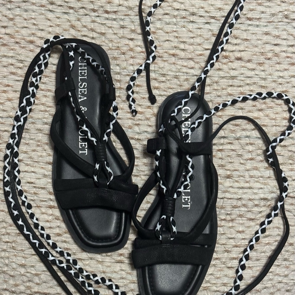 Chelsea & Violet Black Braided Lace-Up Flat Sandals